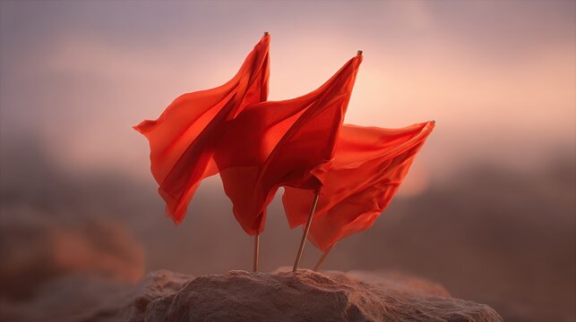 Three red flags waving dramatically on a rocky outcrop at sunset.