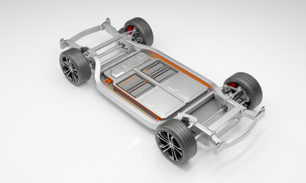 Electric Vehicle All-Solid-State Battery Skateboard Platform 3D Render - Front Low Angle View