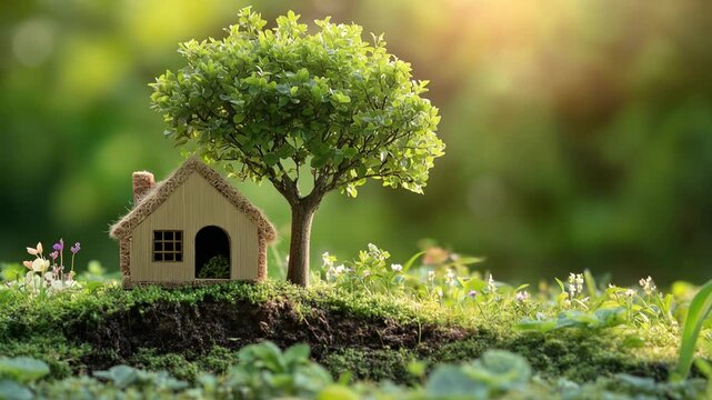 Miniature dream house and tree in a magical forest with flying butterflies