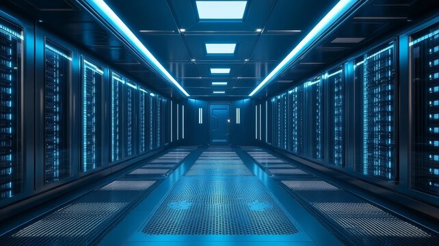 Modern data center server room with glowing blue led lighting and computing hardware infrastructure technology architecture.