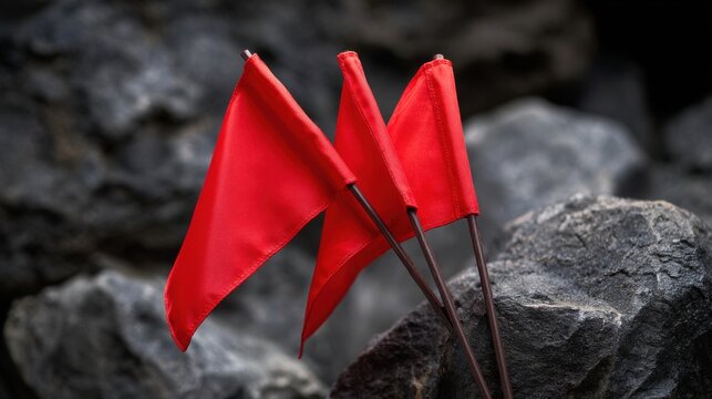 Symbolic red flags stand out against a rugged, dark rocky landscape