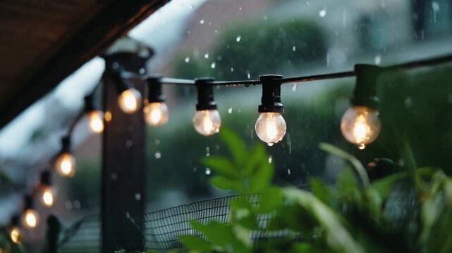 Warm string lights on a rainy day outside with green plants