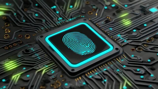 Fingerprint sensor digital circuit biometric security glowing chip technology background cyber security microchip neon light data protection artificial intelligence electronic device