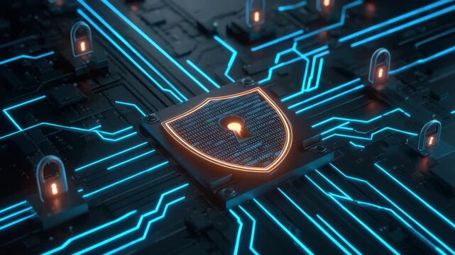 Cyber security shield lock on digital circuit board, data protection network privacy, glowing neon blue lines, abstract technology background, secure cyber protection concept