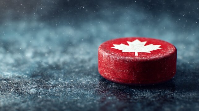 A close-up of a red hockey puck with a white maple leaf symbol, surrounded by ice particles and a cold, wintry atmosphere.