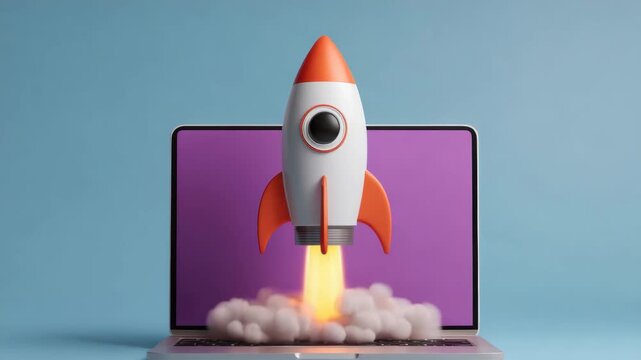 Rocket launch from laptop screen startup innovation technology space travel computer digital launch propulsion spacecraft artificial 3d render with cloud smoke purple screen blue background modern