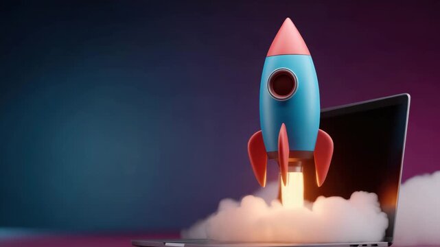 Rocket Laptop Screen Startup Digital Innovation Business Growth Creative Idea Technology Success Launch Progress