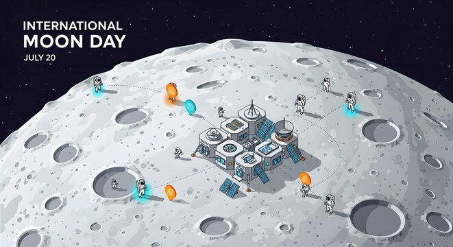 International Moon Day July 20 celebration banner, lunar base station with astronauts on moon surface, space exploration and colonization concept