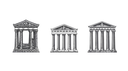 Naklejka premium Three monochromatic renderings of classical Greco-Roman temple facades on a white background