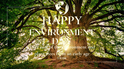 Happy Environment Day greeting card template featuring majestic old green trees with bright sunlight, encouraging forest conservation. © pelvisrenalis