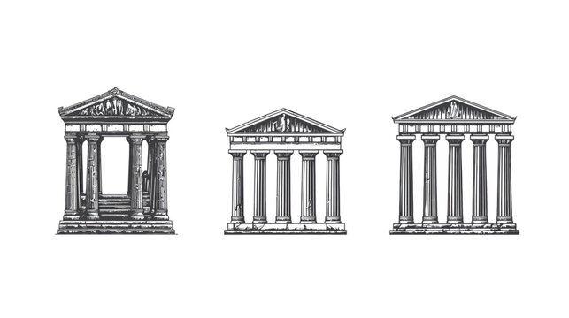 Three monochromatic renderings of classical Greco-Roman temple facades on a white background