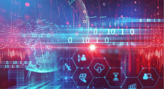 Futuristic digital background with binary code and data visualization elements in blue and red hues
