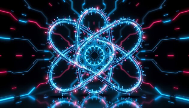Futuristic Atomic Structure with Glowing Neon Lines