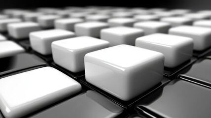 Obraz premium Abstract geometric 3d background featuring white and black glossy cubes in symmetrical grid pattern for modern digital design.