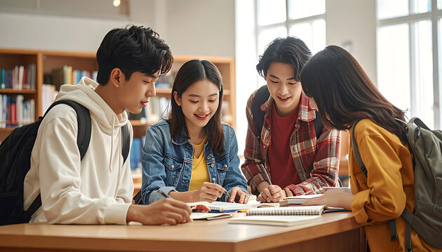 Diverse group of young students collaborating on a project in a library setting, studying together, teamwork, education