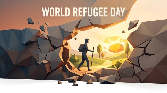 Silhouettes of refugees walking toward exploding earth on World Refugee Day with dramatic sky