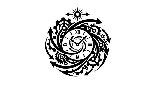 Abstract time concept illustration with a clock face, rotating arrows, and intricate mechanical gears