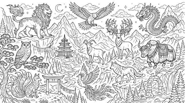 Mythical creatures and wild animals in mountain landscape, hand drawn line art coloring page, oriental dragon and phoenix fantasy vector illustration