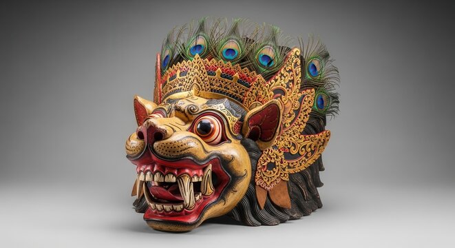 Ornate Balinese Barong Mask with Peacock Feathers.