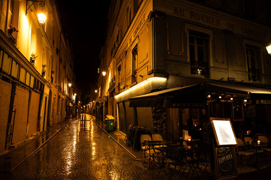 Rainy Night with Caf&eacute; Lights on Rue Montorgueil, Paris, France