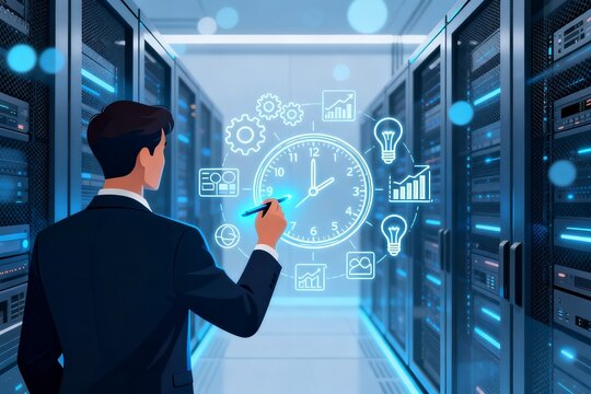 Man in suit interacting with digital clock and icons