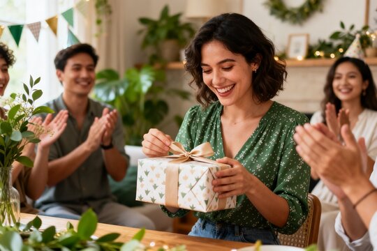 Woman opening gift at party with friends