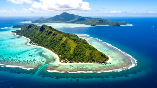 Aerial view of a beautiful tropical island in French Polynesia.