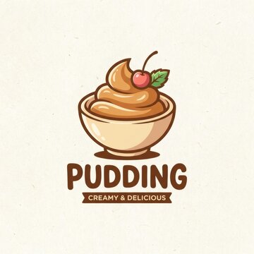 Caramel Pudding Bowl Logo: A delightful illustration of a creamy caramel pudding in a bowl, topped with a cherry and a mint leaf, symbolizing sweet indulgence.