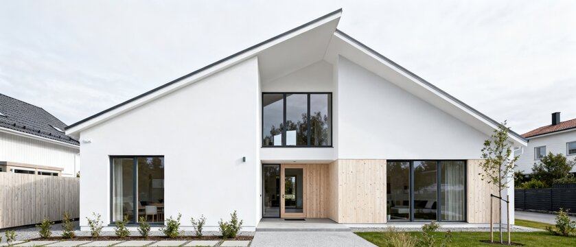 Modern scandinavian house exterior with large windows and a distinctive pitched roof design