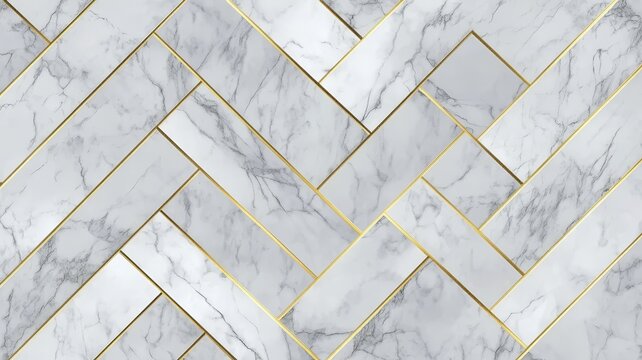 Elegant white marble herringbone pattern tile texture with luxurious gold metallic gaps for modern architectural interior design backgrounds.