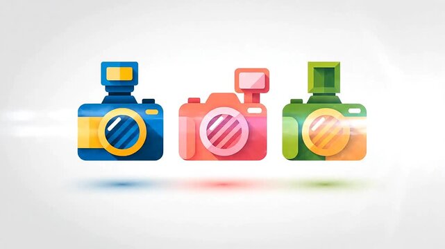 Blue digital camera icon flat design graphic simple of a digital with a yellow lens and flash, set against clean