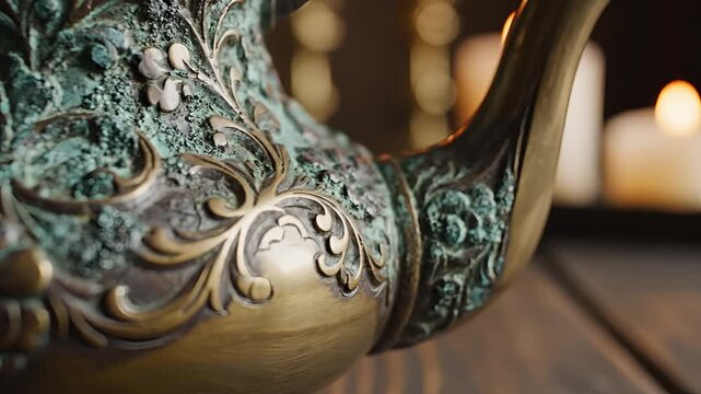 Antique Bronze Teapot with Intricate Floral and Grapevine Motifs.