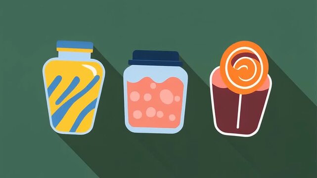 Kitchen jars and lollipop flat design graphic set of themed icons including and a displayed in a style on green
