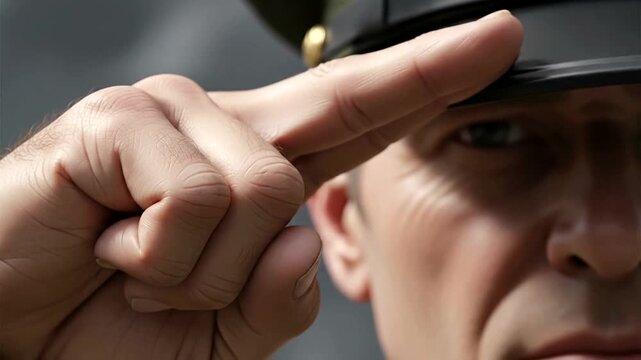 Close up of a military soldier performing a formal salute in uniform.