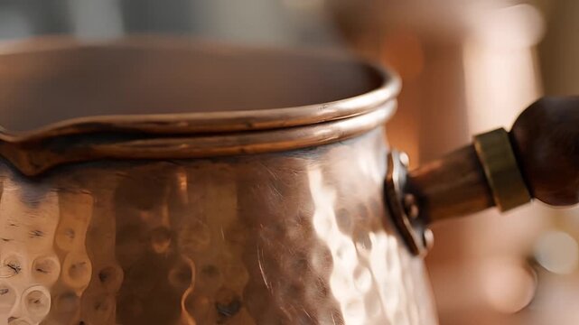 Closeup of a hammered copper Turkish coffee pot with a wooden handle.
