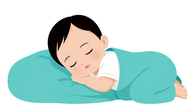 Cute sleeping baby illustration, peaceful infant boy napping on a soft teal pillow, cartoon newborn character in pajamas resting comfortably