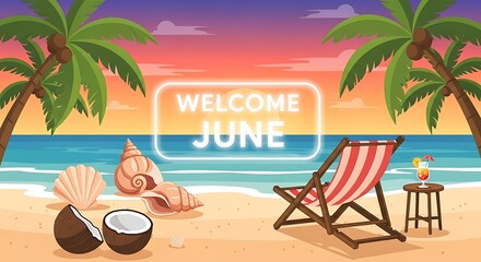 Obraz premium Tropical beach welcome sign with summer June theme and accessories.