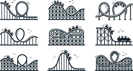 Roller Coaster Line Icon Set with Amusement Park Ride Silhouettes, Thrill Tracks, Loops, and Coaster Trains for Carnival and Theme Park Designs (23 words) © Rashidul