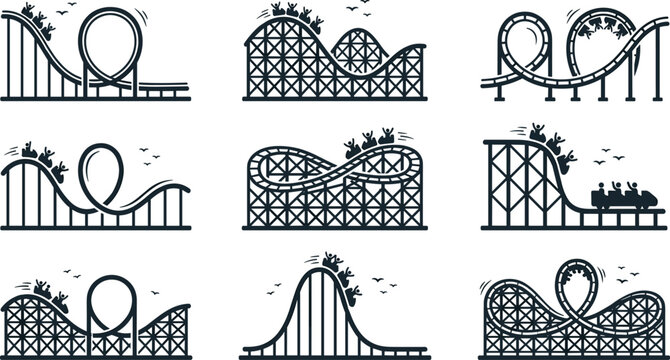 Roller Coaster Line Icon Set with Amusement Park Ride Silhouettes, Thrill Tracks, Loops, and Coaster Trains for Carnival and Theme Park Designs (23 words)