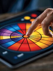Obraz premium Detailed image of a financial advisor�s hand adjusting a pie chart on a computer screen, representing diversified asset management and wealth planning, with plenty of copy space.