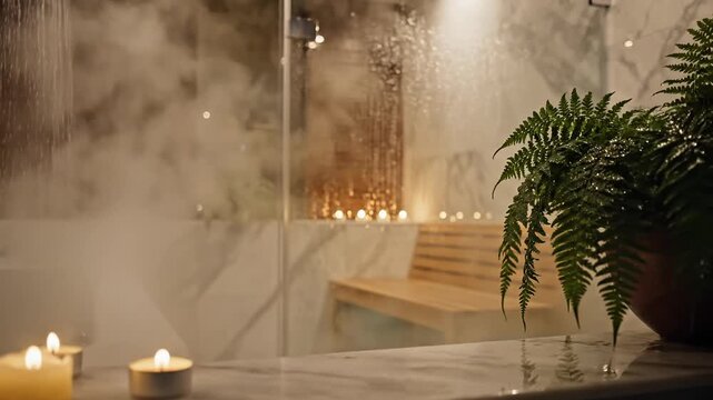 Bangku Kayu Spa Kamar Mandi. Gambar menampilkan suasana kamar mandi bergaya spa dengan dinding bermotif marmer, kaca shower berembun, bangku kayu minimalis, pencahayaan lilin hangat, dan tanaman hijau