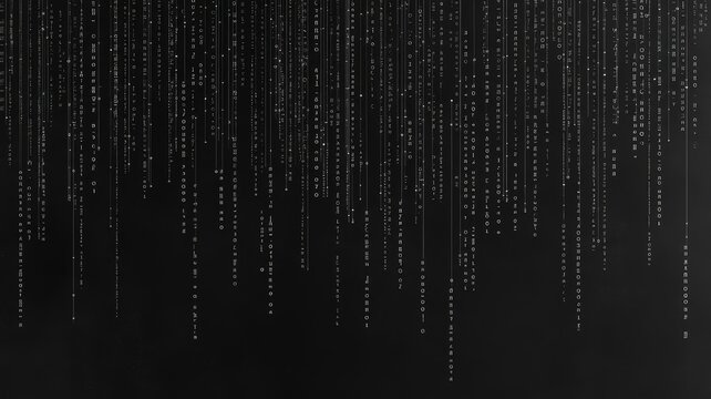 Abstract digital background featuring cascading binary data code streams in high contrast black and white technical visual art style.