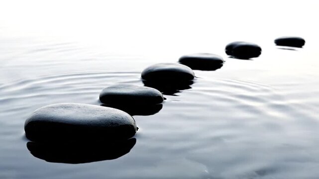 Row of black stepping stones in calm rippling water
