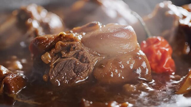 Closeup of steaming oxtail stew with a red pepper garnish.