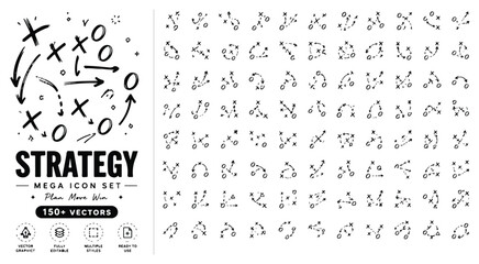 Hand drawn strategy mega icon set with 150+ vectors, black ink business planning symbols, doodle arrows and game play diagrams for coaching © ya Allah madad