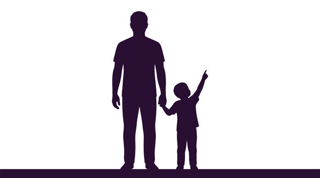 Minimalist purple vector illustration featuring a silhouette of a father holding hands with his young son