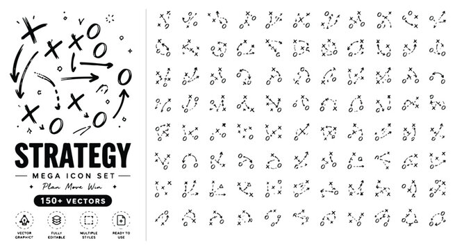 Hand drawn strategy mega icon set with 150+ vectors, black ink business planning symbols, doodle arrows and game play diagrams for coaching