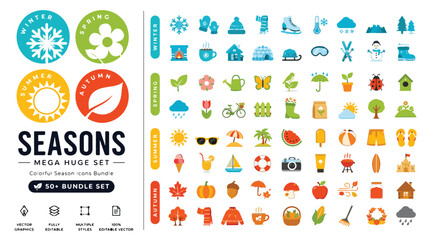 Seasons mega huge set of 50+ colorful icons, winter spring summer and autumn vector bundle, flat seasonal weather and lifestyle symbols © ya Allah madad