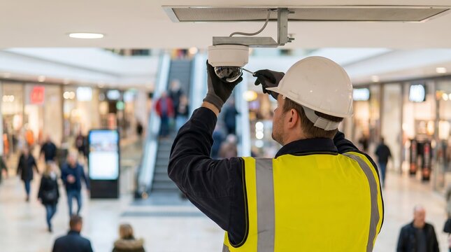 Electrician fixing white dome CCTV camera in busy airport, professional security system maintenance, focused technical work, modern surveillance technology and workplace safety concept