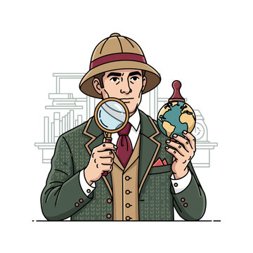 Man in pith helmet holding magnifying glass and globe.
